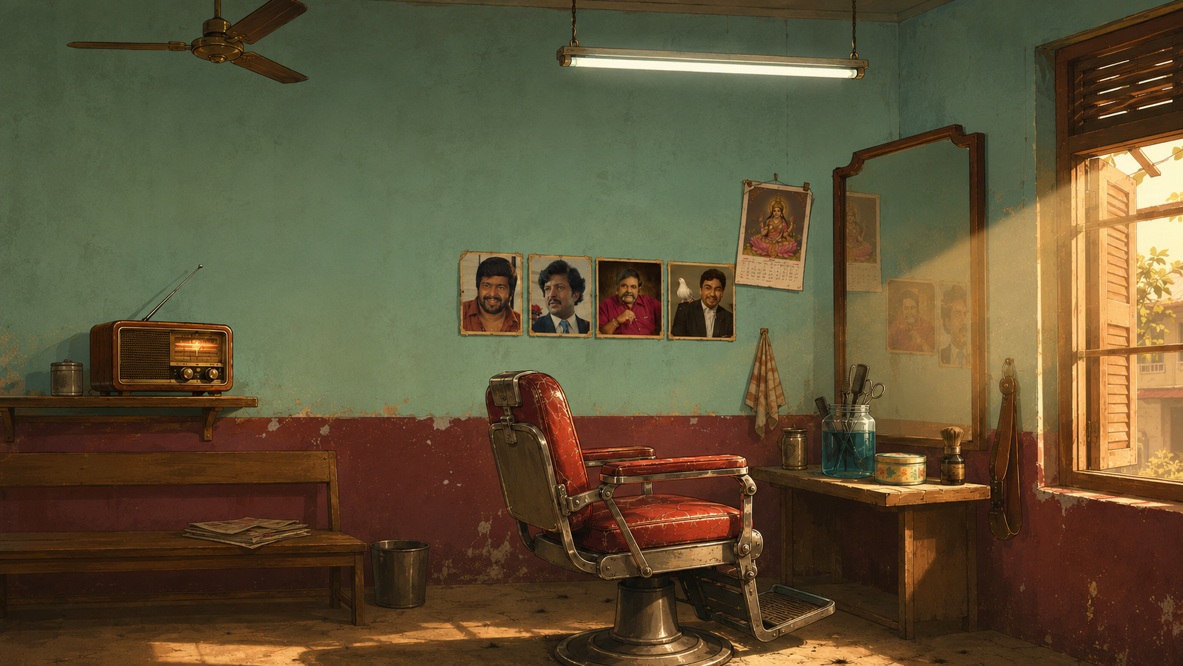 A sleepy 90s barber shop in Bangalore, sunlight slanting through the window
